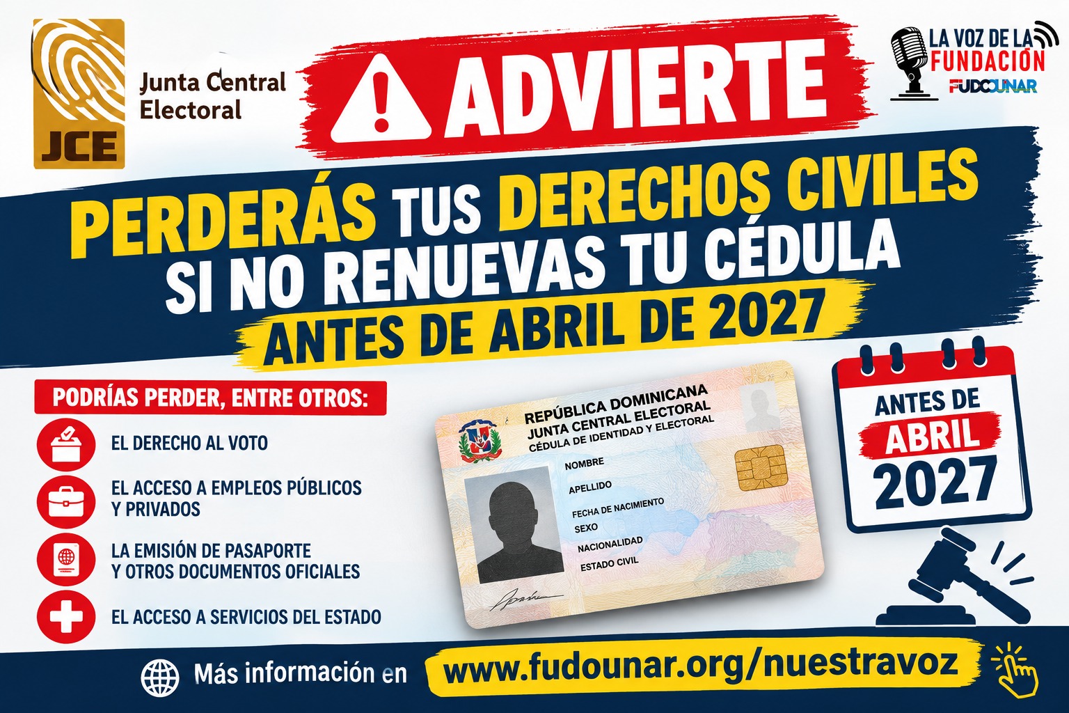 JCE advierte que la cédula actual dejará de ser válida en abril de 2027 y exhorta a la ciudadanía a renovarla a tiempo.